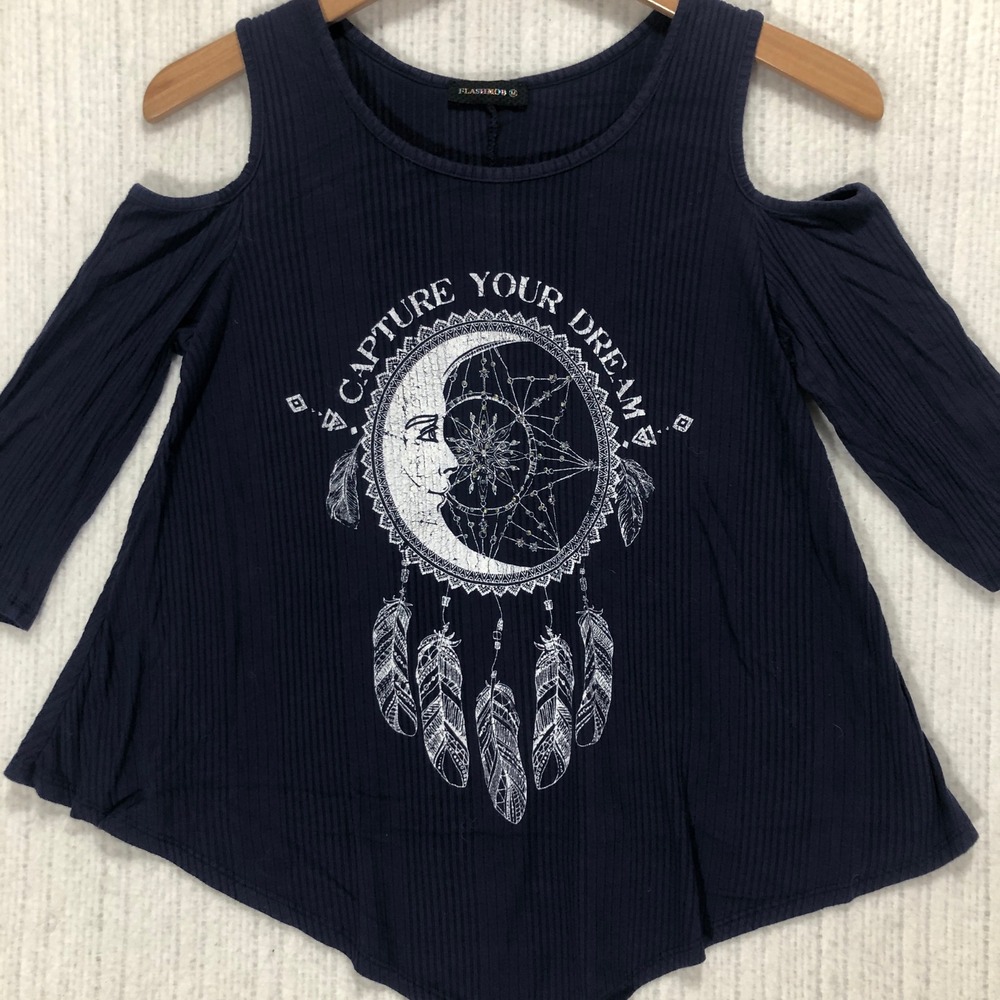 Flashmob Navy Blue Cold Shoulder Moon‎ Dreamcatcher Graphic Ribbed Top Medium
